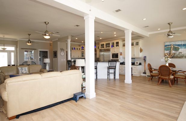 Dining room, Interior, Kitchen, Living room, Recessed Lighting, Wood Texture Flooring