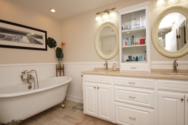 Bathroom, Dual Sink Vanities, Free Standing Baths, Interior, Recessed Lighting, Wood Texture Flooring