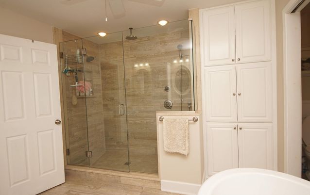 Bathroom, Glass Shower, Interior, Recessed Lighting, Wood Texture Flooring