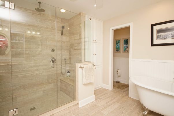 Bathroom, Free Standing Baths, Glass Shower, Interior, Recessed Lighting, Wood Texture Flooring