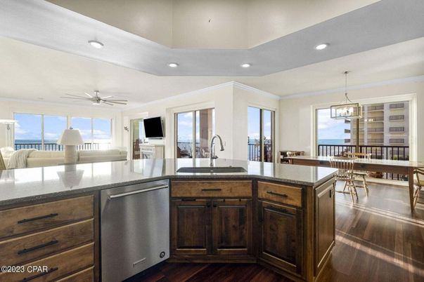 Dining room, Interior, Kitchen, Pendant Lights, Recessed Lighting, Water, Wood Texture Flooring