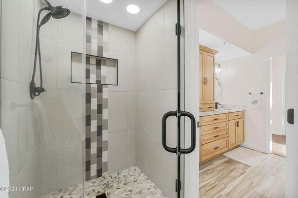 Bathroom, Glass Shower, Interior, Recessed Lighting, Wood Texture Flooring