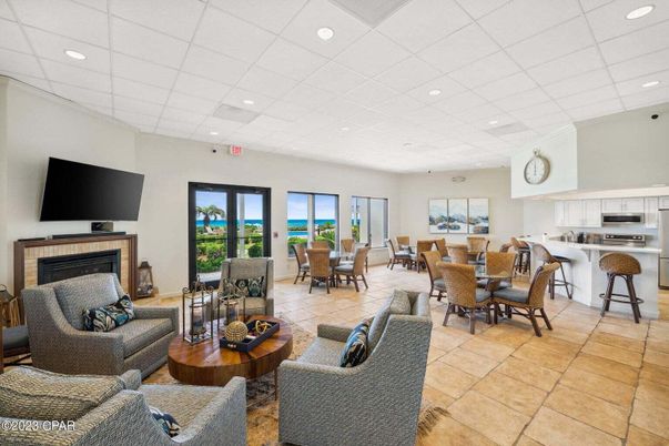 Dining room, Fireplace, Interior, Kitchen, Living room, Recessed Lighting, Stainless Steel Appliances