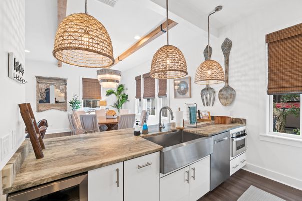 Dining room, Interior, Kitchen, Pendant Lights, Recessed Lighting, Stainless Steel Appliances, Wood Texture Flooring