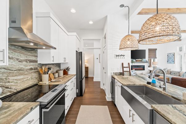 Fireplace, Interior, Kitchen, Pendant Lights, Recessed Lighting, Stainless Steel Appliances, Wood Texture Flooring