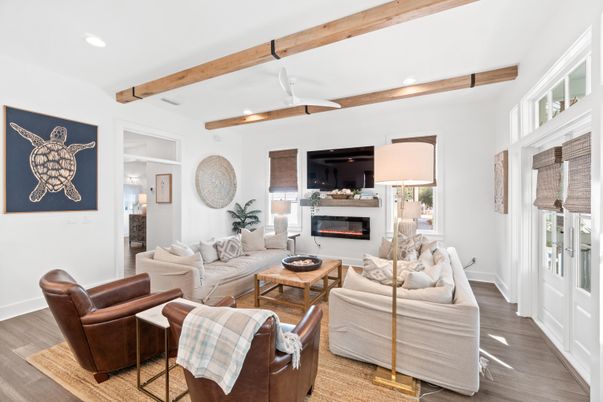 Fireplace, Interior, Living room, Recessed Lighting, Wooden Beams, Wood Texture Flooring