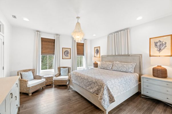 Bedroom, Chandelier, Interior, Recessed Lighting, Wood Texture Flooring