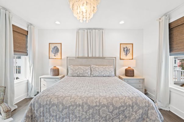 Bedroom, Chandelier, Interior, Recessed Lighting, Wood Texture Flooring