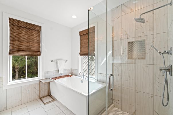 Bathroom, Glass Shower, Interior, Marble Walls, Recessed Lighting