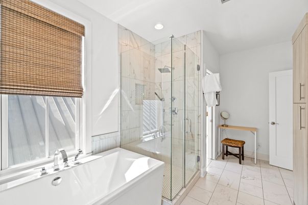 Bathroom, Glass Shower, Interior, Marble, Recessed Lighting