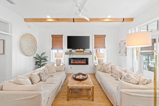 Fireplace, Interior, Living room, Recessed Lighting, Wooden Beams, Wood Texture Flooring