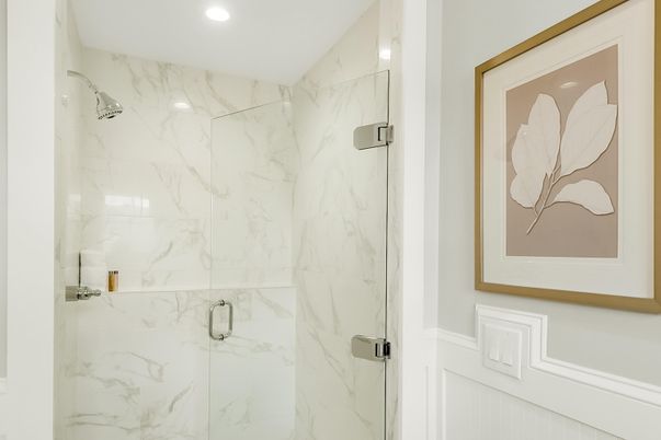 Bathroom, Glass Shower, Interior, Marble Walls, Recessed Lighting