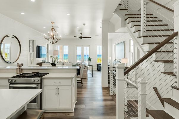 Chandelier, Interior, Kitchen, Living room, Recessed Lighting, Stainless Steel Appliances, Wood Texture Flooring