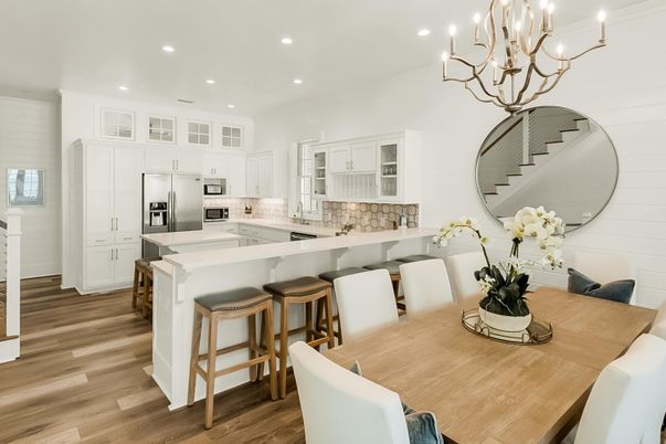 Chandelier, Dining room, Interior, Kitchen, Recessed Lighting, Stainless Steel Appliances, Wood Texture Flooring