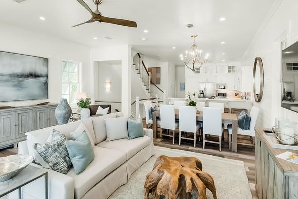 Chandelier, Dining room, Interior, Kitchen, Living room, Recessed Lighting, Stainless Steel Appliances, Wood Texture Flooring