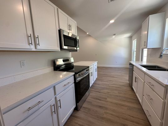 Interior, Kitchen, Recessed Lighting, Wood Texture Flooring