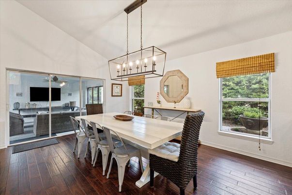 Dining room, Interior, Pendant Lights, Wood Texture Flooring