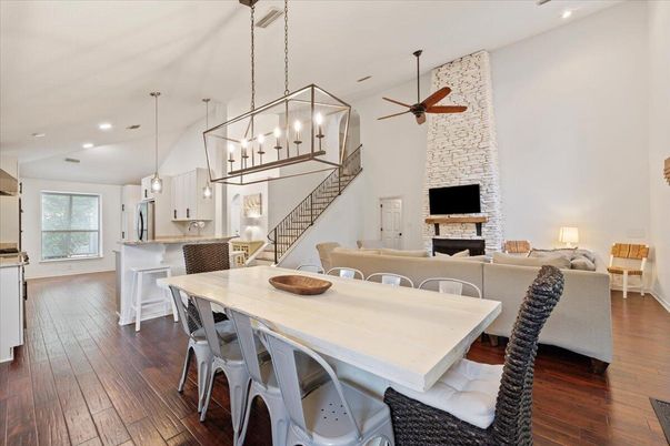 Dining room, Fireplace, Interior, Kitchen, Living room, Pendant Lights, Recessed Lighting, Stone Walls, Wood Texture Flooring