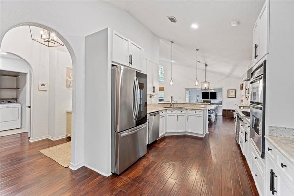 Interior, Kitchen, Pendant Lights, Recessed Lighting, Stainless Steel Appliances, Wood Texture Flooring