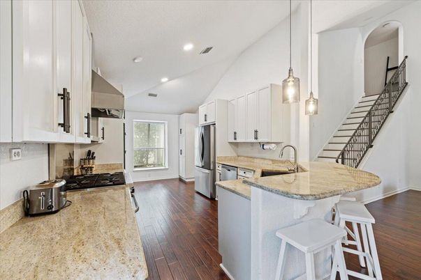 Interior, Kitchen, Pendant Lights, Recessed Lighting, Stainless Steel Appliances, Wood Texture Flooring