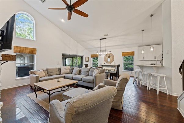 Dining room, Fireplace, Interior, Kitchen, Living room, Pendant Lights, Recessed Lighting, Wood Texture Flooring