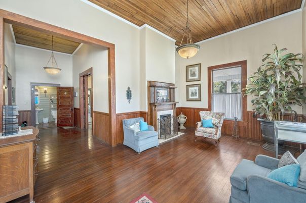 Fireplace, Interior, Living room, Pendant Lights, Wooden Ceilings, Wood Texture Flooring