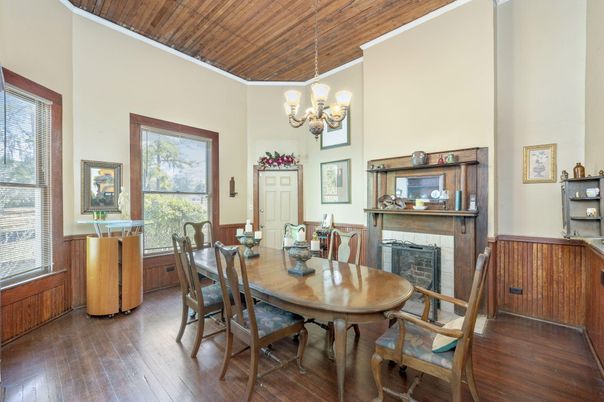 Chandelier, Dining room, Fireplace, Interior, Wooden Ceilings, Wood Texture Flooring