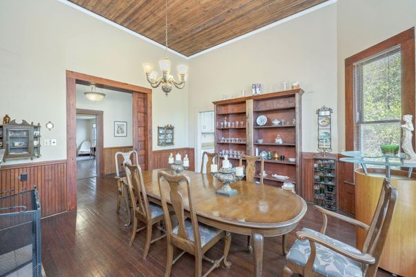Chandelier, Dining room, Interior, Wooden Ceilings, Wood Texture Flooring