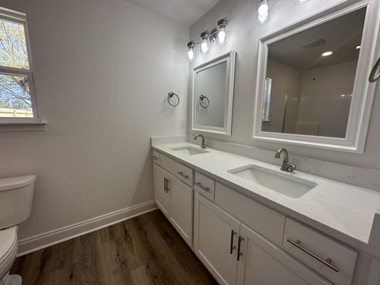Bathroom, Dual Sink Vanities, Interior, Wood Texture Flooring