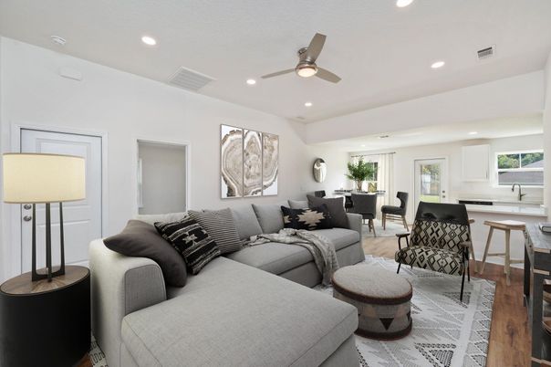 Dining room, Interior, Living room, Recessed Lighting, Wood Texture Flooring