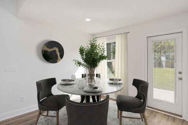Dining room, Interior, Recessed Lighting, Wood Texture Flooring