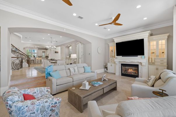 Dining room, Fireplace, Interior, Kitchen, Living room, Pendant Lights, Recessed Lighting, Wood Texture Flooring