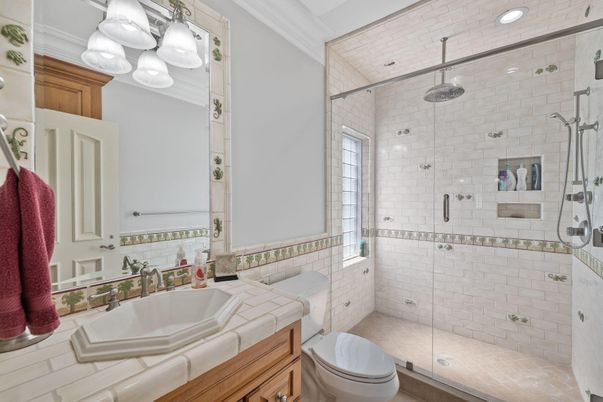 Bathroom, Glass Shower, Interior, Recessed Lighting, Tile Countertops