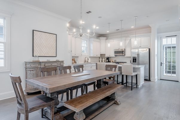Dining room, Interior, Kitchen, Pendant Lights, Recessed Lighting, Stainless Steel Appliances, Wood Texture Flooring