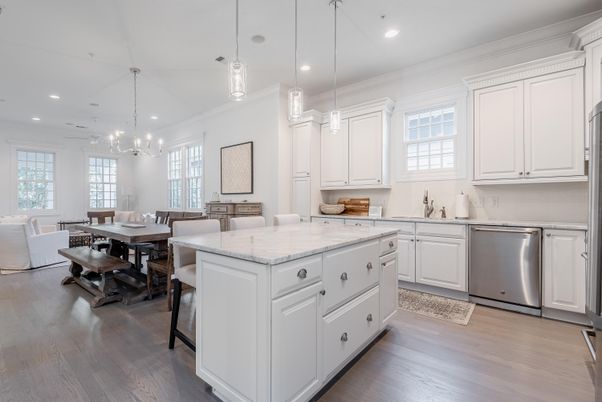 Dining room, Interior, Kitchen, Pendant Lights, Recessed Lighting, Stainless Steel Appliances, Wood Texture Flooring