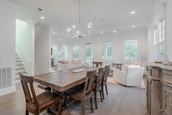 Chandelier, Dining room, Interior, Living room, Recessed Lighting, Wood Texture Flooring