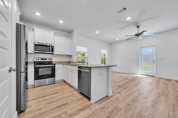 Interior, Kitchen, Recessed Lighting, Stainless Steel Appliances, Wood Texture Flooring