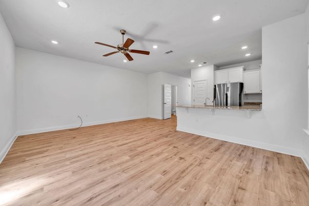 Empty room, Interior, Kitchen, Recessed Lighting, Wood Texture Flooring