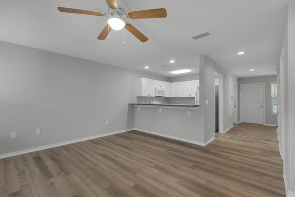 Empty room, Interior, Kitchen, Recessed Lighting, Wood Texture Flooring