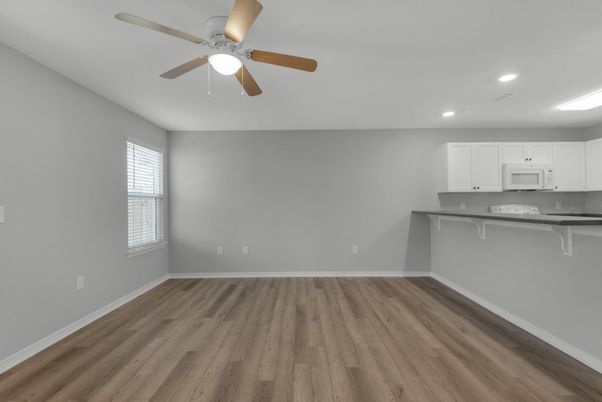 Empty room, Interior, Kitchen, Recessed Lighting, Wood Texture Flooring