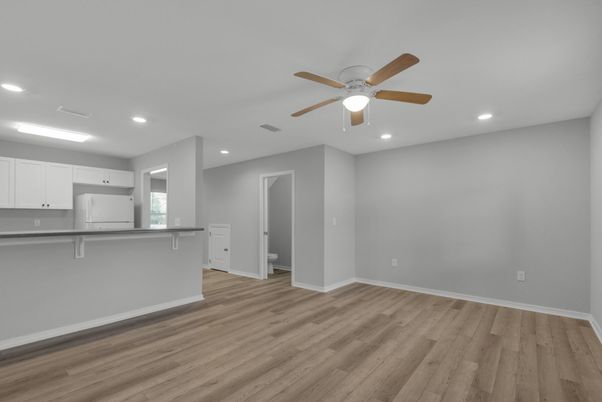Empty room, Interior, Kitchen, Recessed Lighting, Wood Texture Flooring