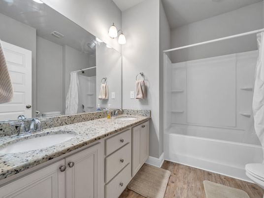 Bathroom, Dual Sink Vanities, Interior, Wood Texture Flooring