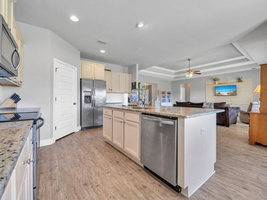 Interior, Kitchen, Living room, Recessed Lighting, Stainless Steel Appliances, Wood Texture Flooring