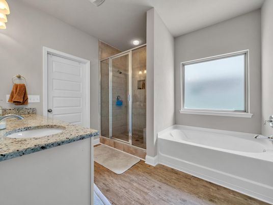 Bathroom, Glass Shower, Interior, Recessed Lighting, Wood Texture Flooring
