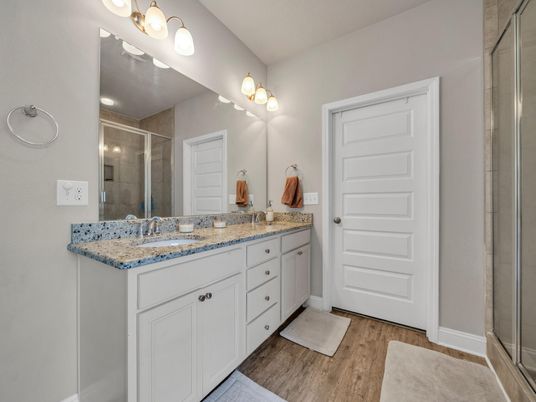 Bathroom, Dual Sink Vanities, Glass Shower, Interior, Wood Texture Flooring