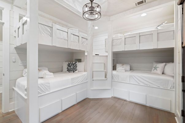 Bedroom, Interior, Pendant Lights, Recessed Lighting, Wood Texture Flooring