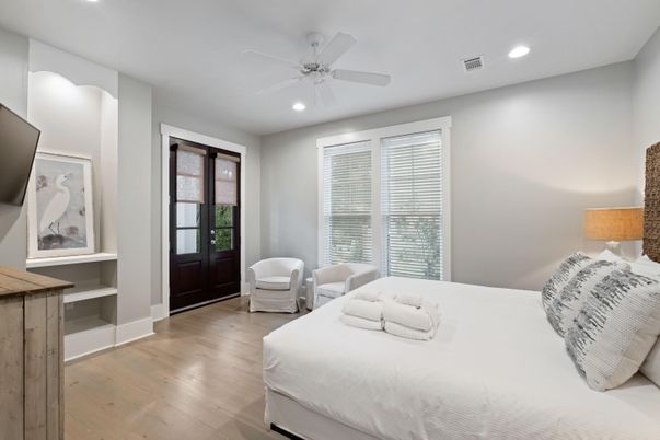 Bedroom, Interior, Recessed Lighting, Wood Texture Flooring