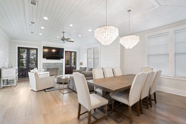 Chandelier, Dining room, Fireplace, Interior, Living room, Recessed Lighting, Wood Texture Flooring