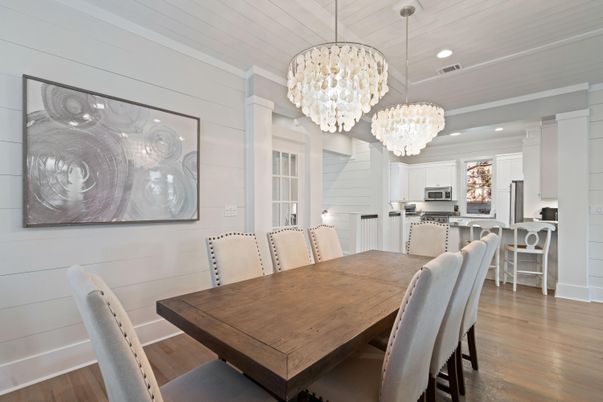 Chandelier, Dining room, Interior, Kitchen, Recessed Lighting, Wood Texture Flooring