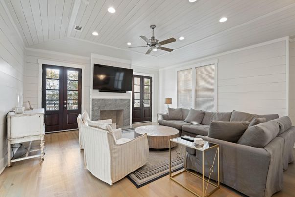 Fireplace, Interior, Living room, Recessed Lighting, Wood Texture Flooring